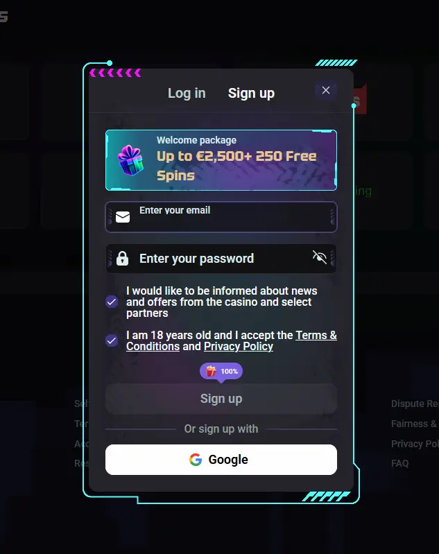Registrační formulář nového účtu Needforslots